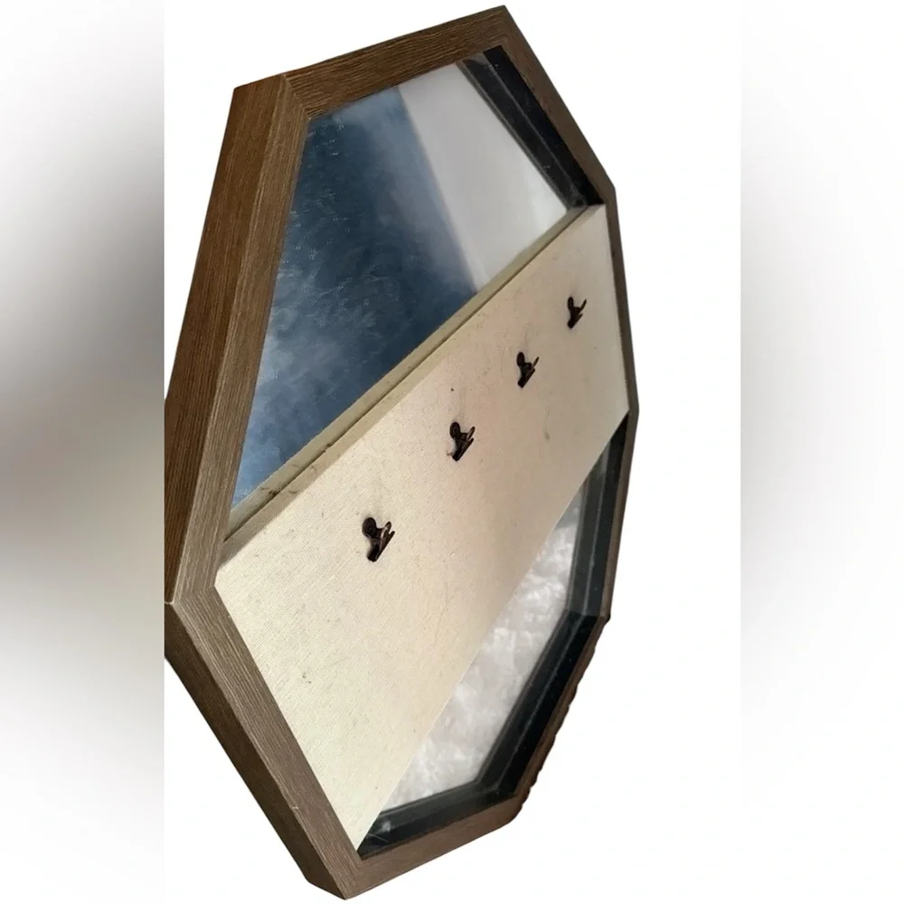 Hexagonal Wooden Mirror Frame with Hooks for Photos Decor